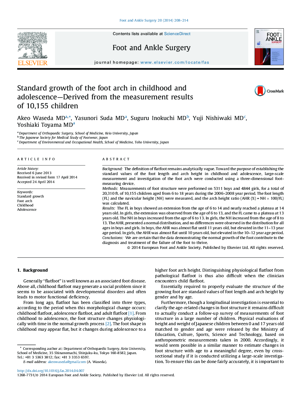 Standard growth of the foot arch in childhood and adolescence—Derived from the measurement results of 10,155 children