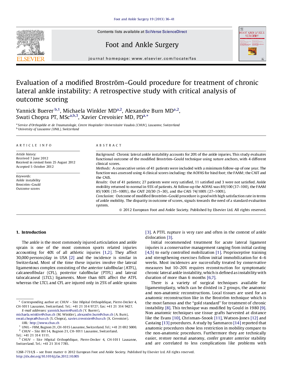 Evaluation of a modified Broström–Gould procedure for treatment of chronic lateral ankle instability: A retrospective study with critical analysis of outcome scoring