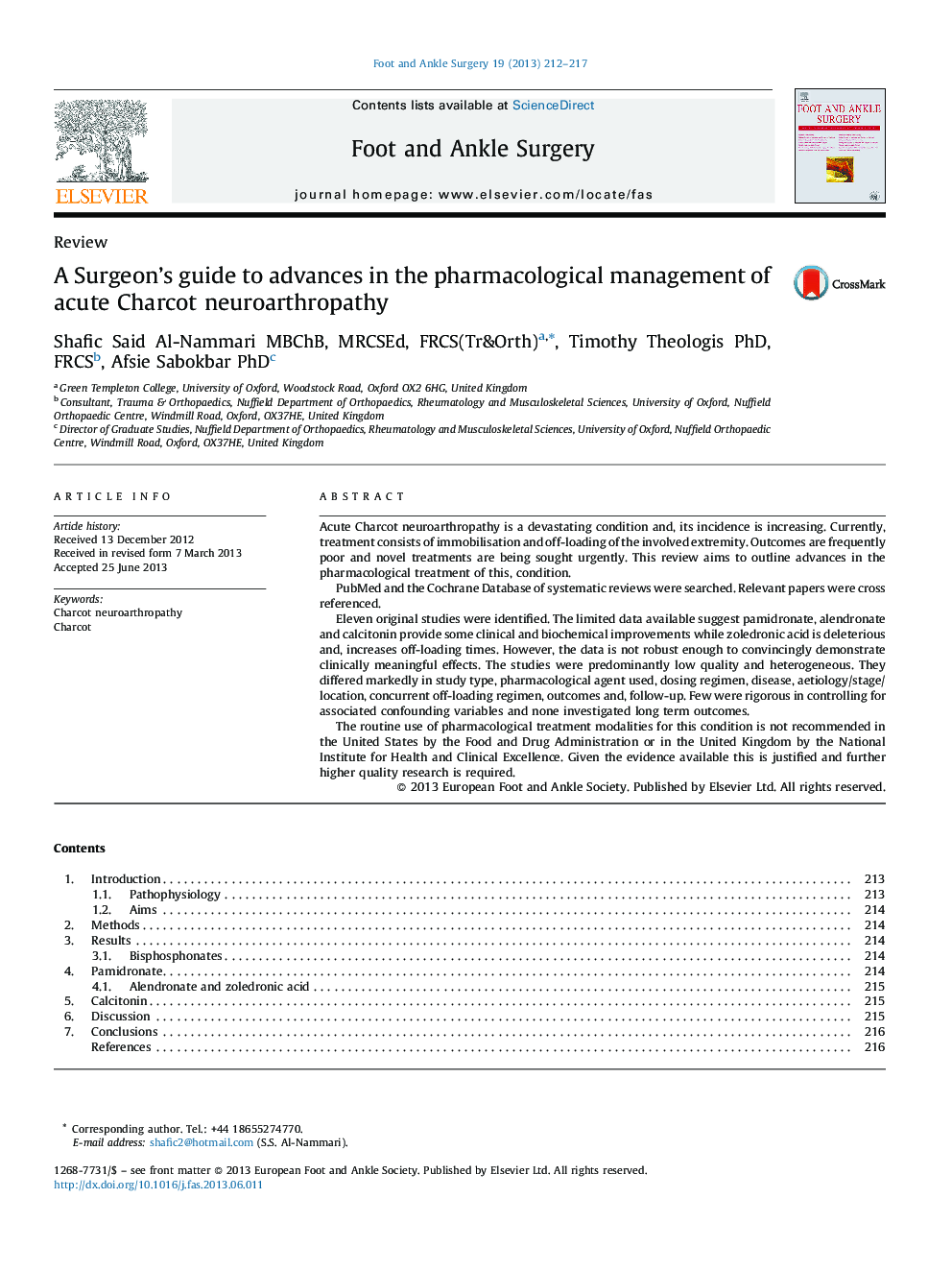 A Surgeon's guide to advances in the pharmacological management of acute Charcot neuroarthropathy