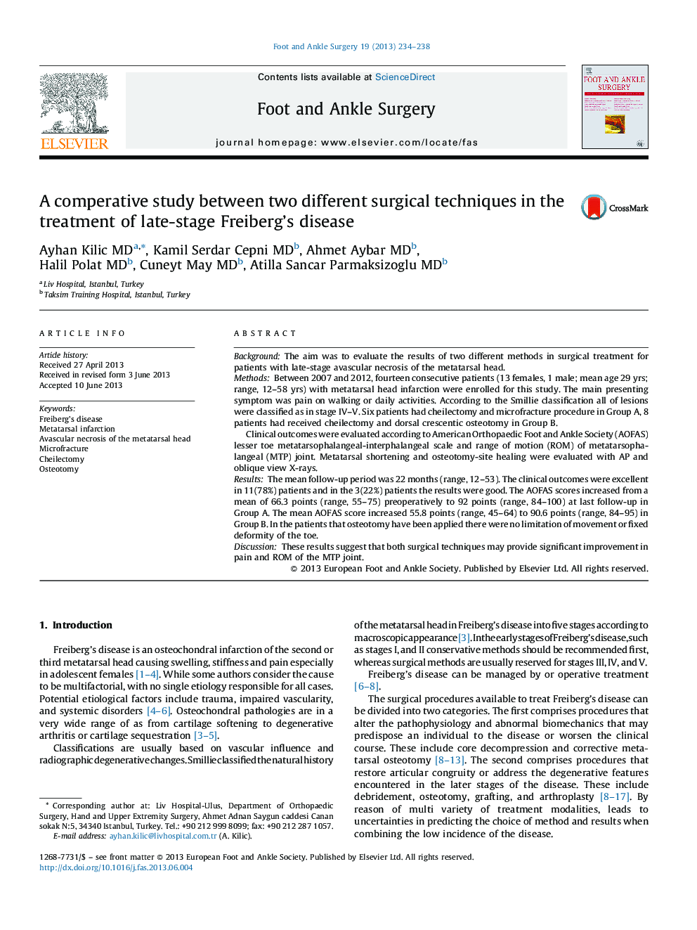 A comperative study between two different surgical techniques in the treatment of late-stage Freiberg's disease