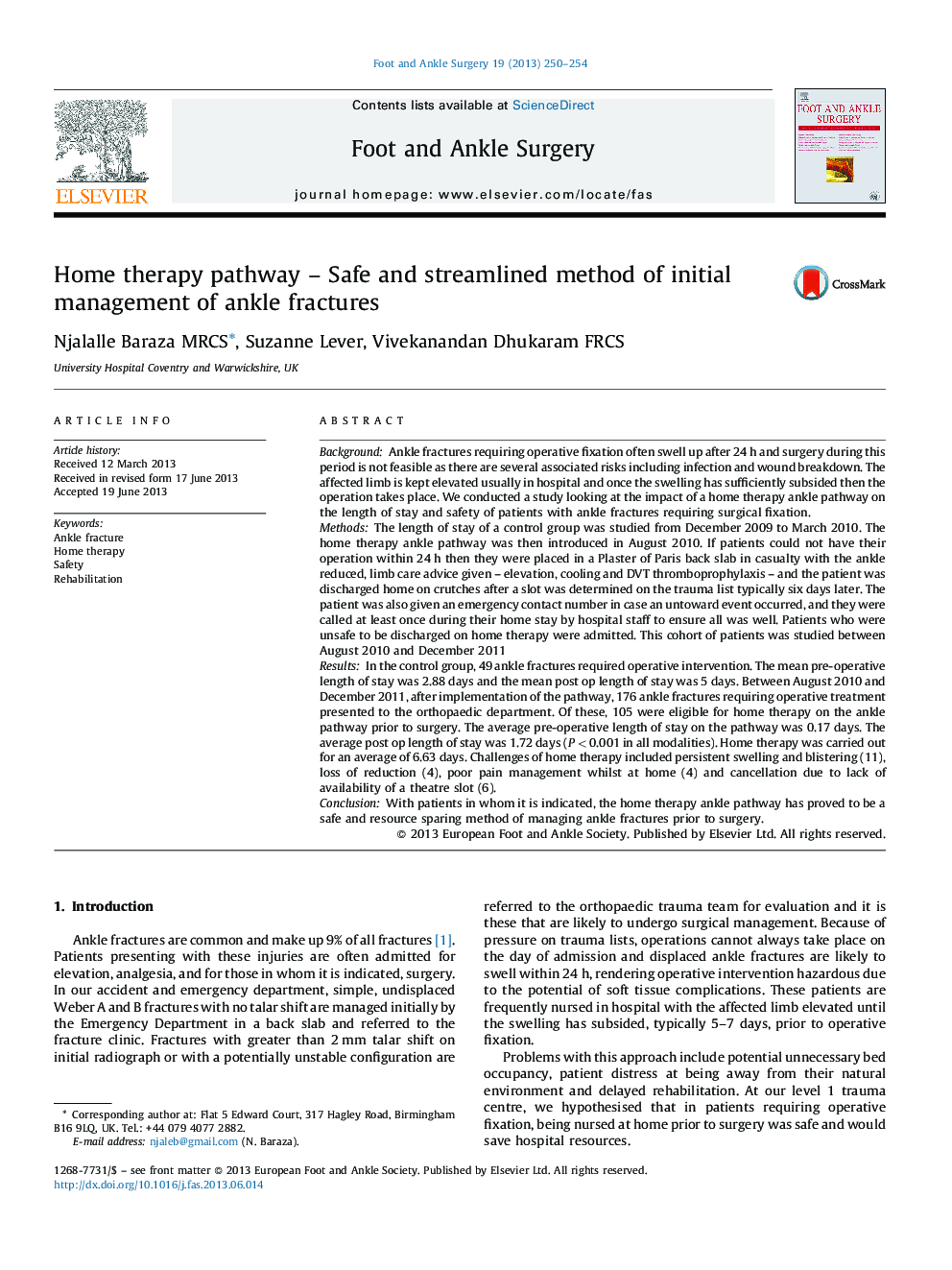 Home therapy pathway – Safe and streamlined method of initial management of ankle fractures