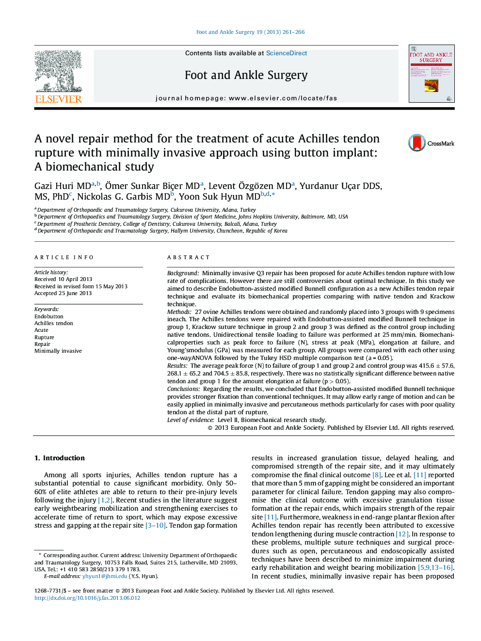 A novel repair method for the treatment of acute Achilles tendon rupture with minimally invasive approach using button implant: A biomechanical study