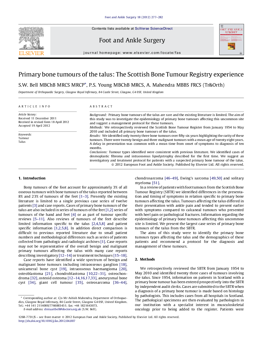 Primary bone tumours of the talus: The Scottish Bone Tumour Registry experience