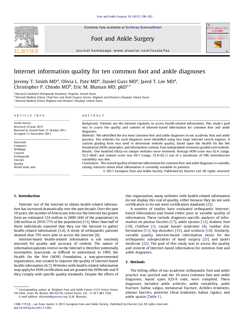 Internet information quality for ten common foot and ankle diagnoses