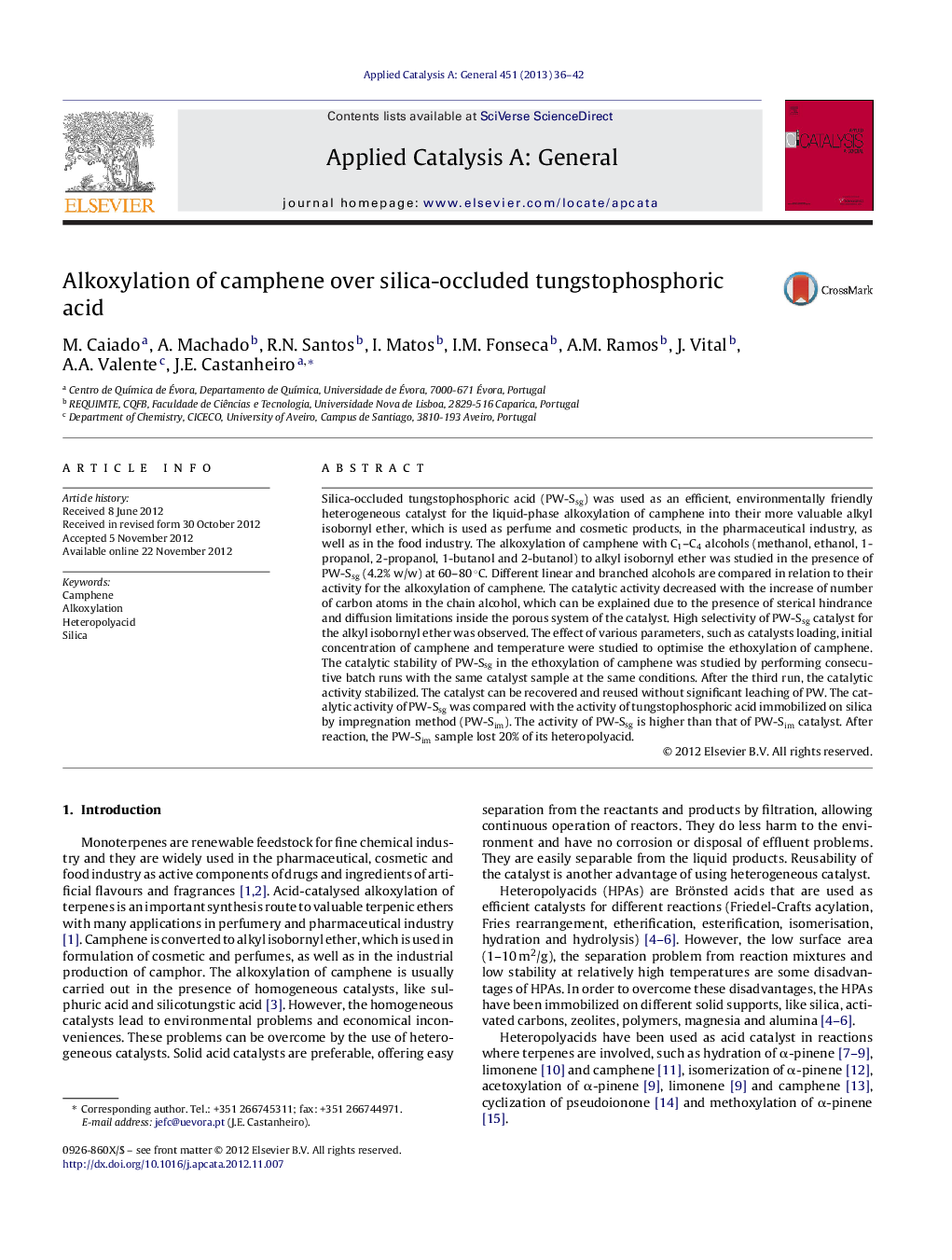 Alkoxylation of camphene over silica-occluded tungstophosphoric acid