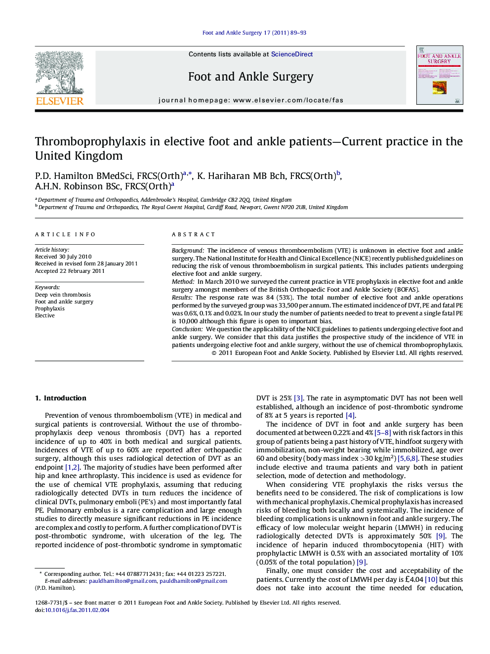 Thromboprophylaxis in elective foot and ankle patients—Current practice in the United Kingdom