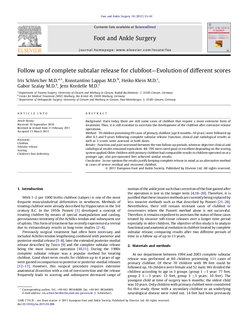 Follow up of complete subtalar release for clubfoot—Evolution of different scores