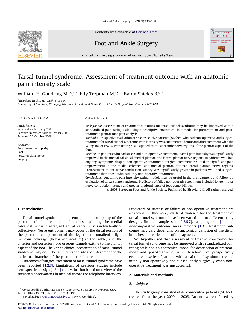 Tarsal tunnel syndrome: Assessment of treatment outcome with an anatomic pain intensity scale