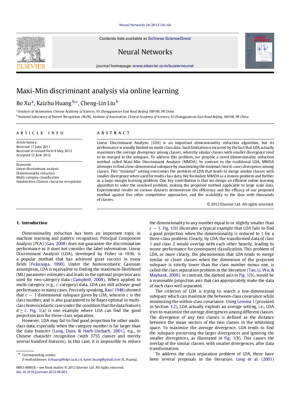 Maxi-Min discriminant analysis via online learning