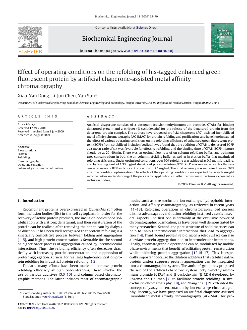 Effect of operating conditions on the refolding of his-tagged enhanced green fluorescent protein by artificial chaperone-assisted metal affinity chromatography