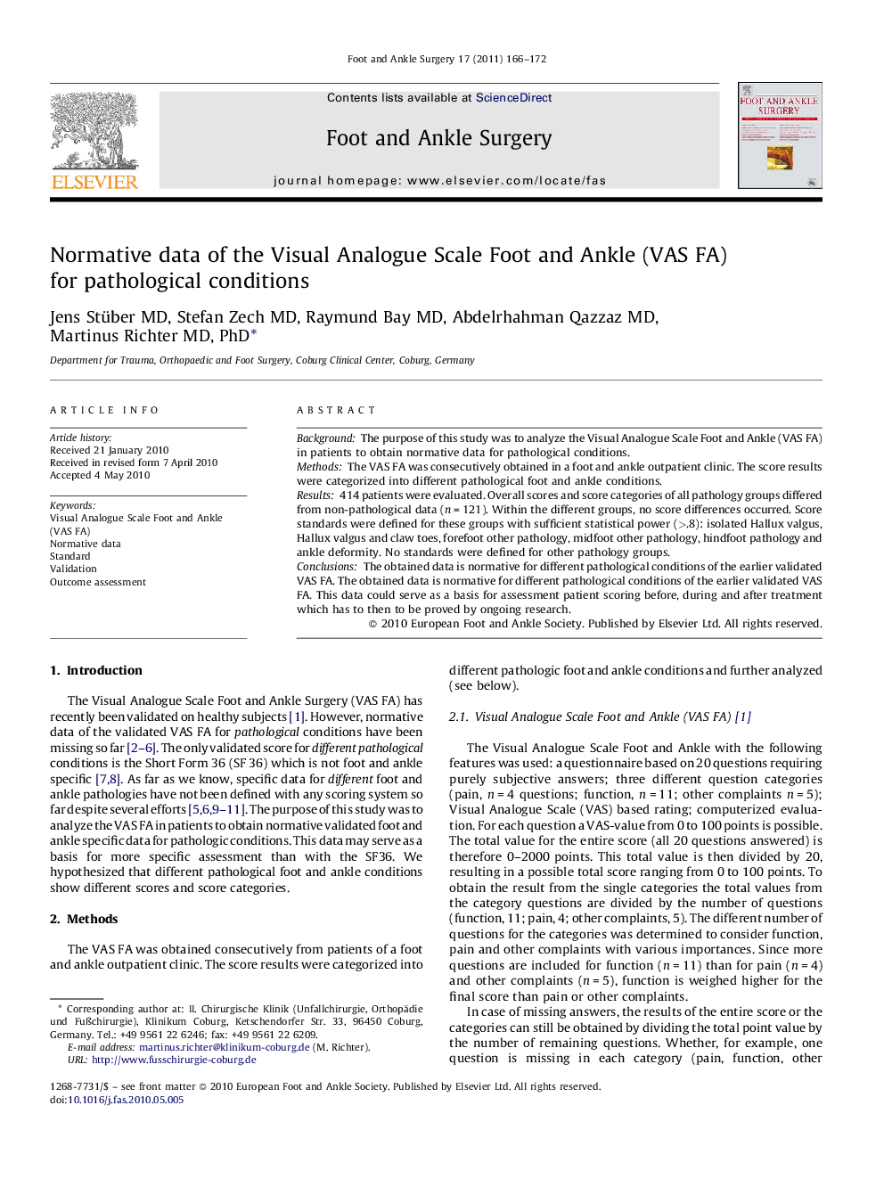 Normative data of the Visual Analogue Scale Foot and Ankle (VAS FA) for pathological conditions