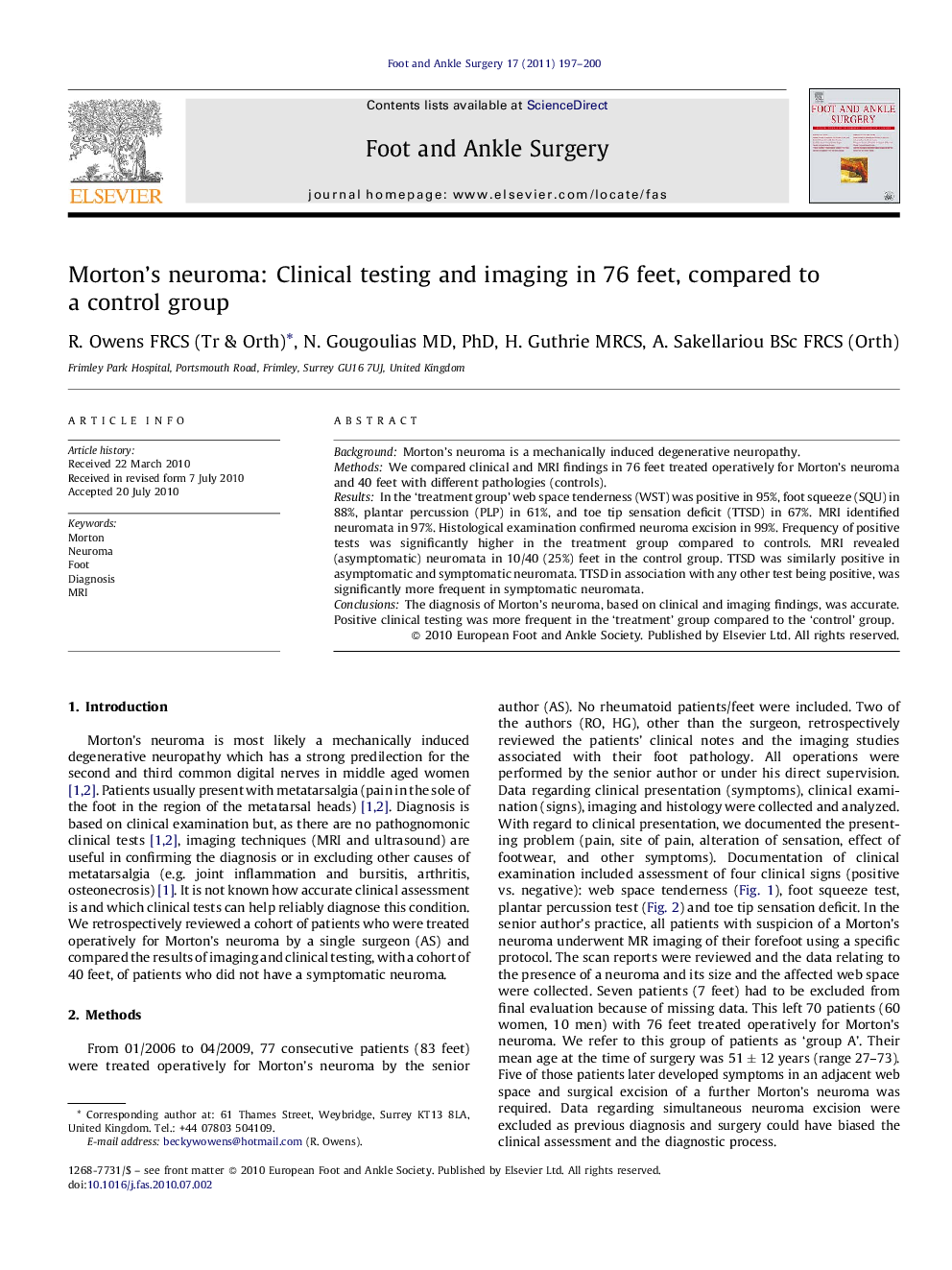 Morton's neuroma: Clinical testing and imaging in 76 feet, compared to a control group