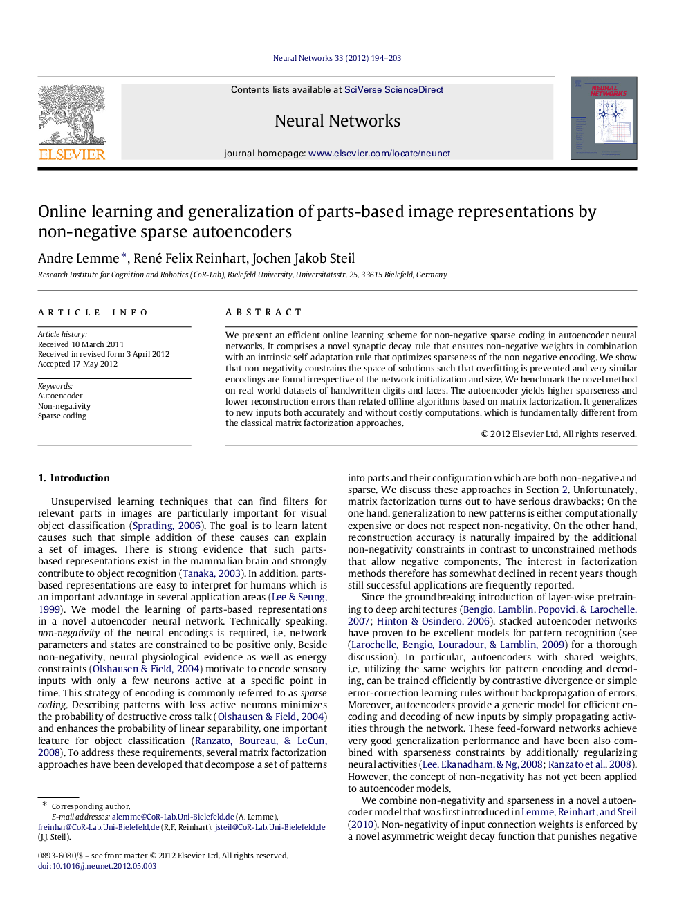 عکس صفحه اول مقاله: Online learning and generalization of parts-based image representations by non-negative sparse autoencoders Online learning and generalization of parts-based image representations by non-negative sparse autoencoders