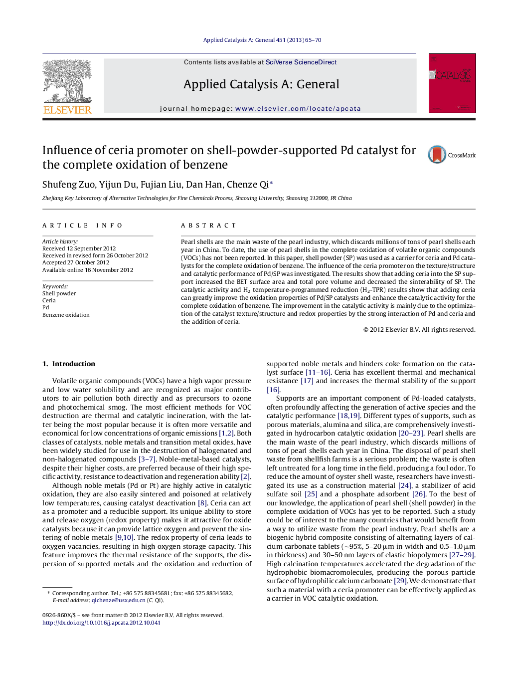 Influence of ceria promoter on shell-powder-supported Pd catalyst for the complete oxidation of benzene