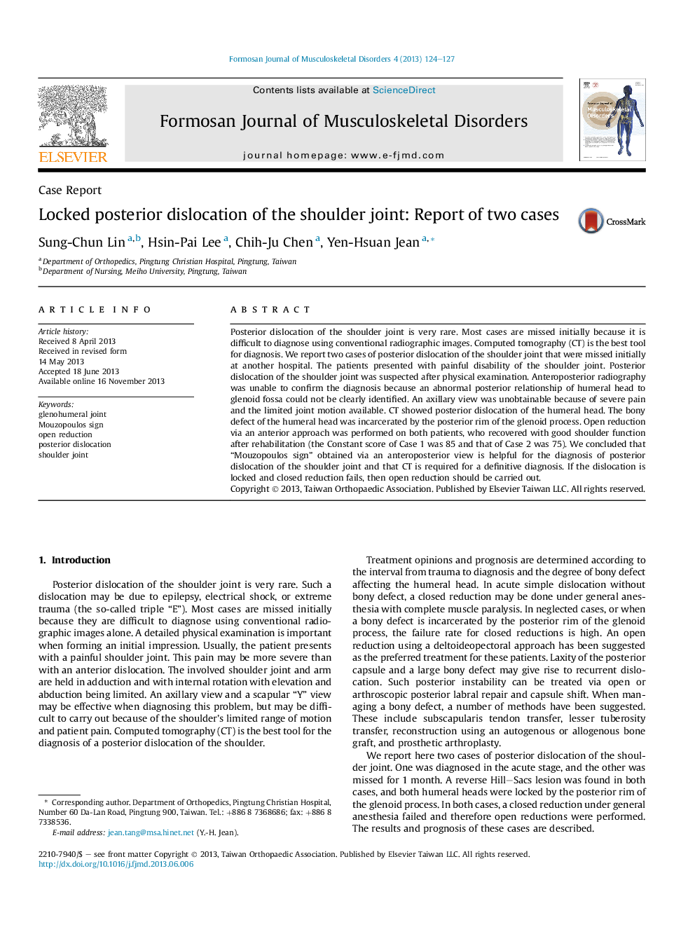 Locked posterior dislocation of the shoulder joint: Report of two cases