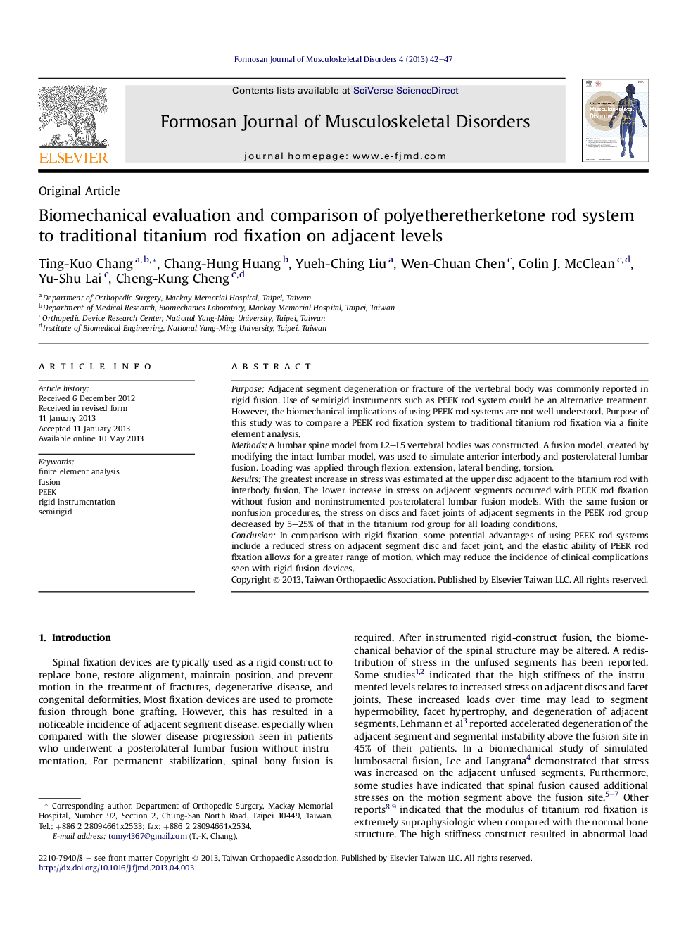 Biomechanical evaluation and comparison of polyetheretherketone rod system toÂ traditional titanium rod fixation on adjacent levels