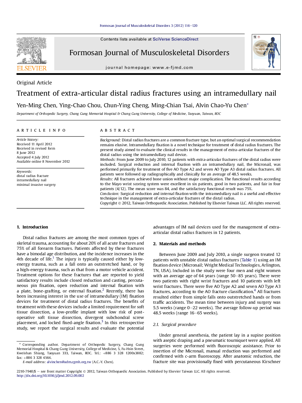 Treatment of extra-articular distal radius fractures using an intramedullary nail