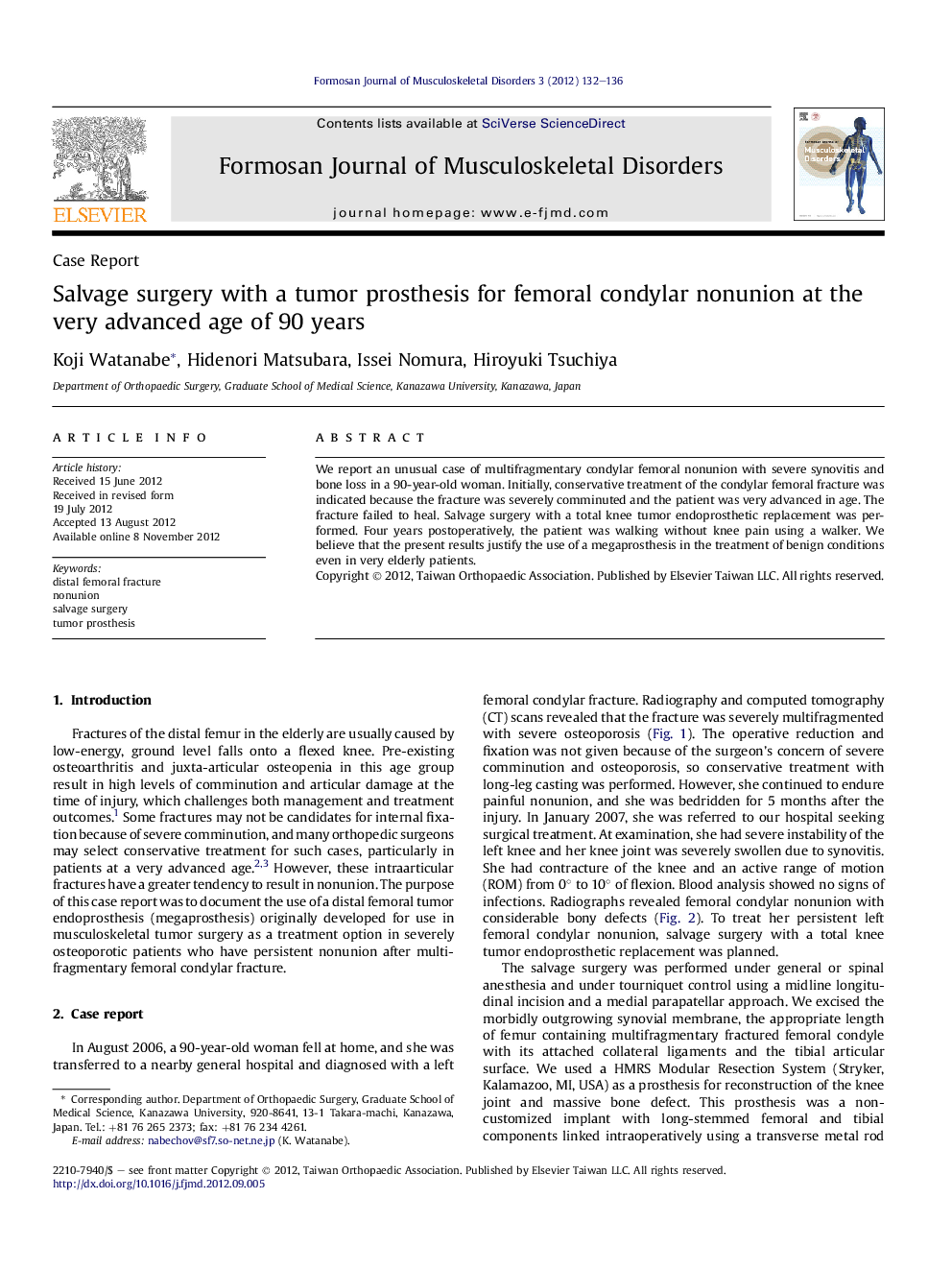 Salvage surgery with a tumor prosthesis for femoral condylar nonunion at the very advanced age of 90 years