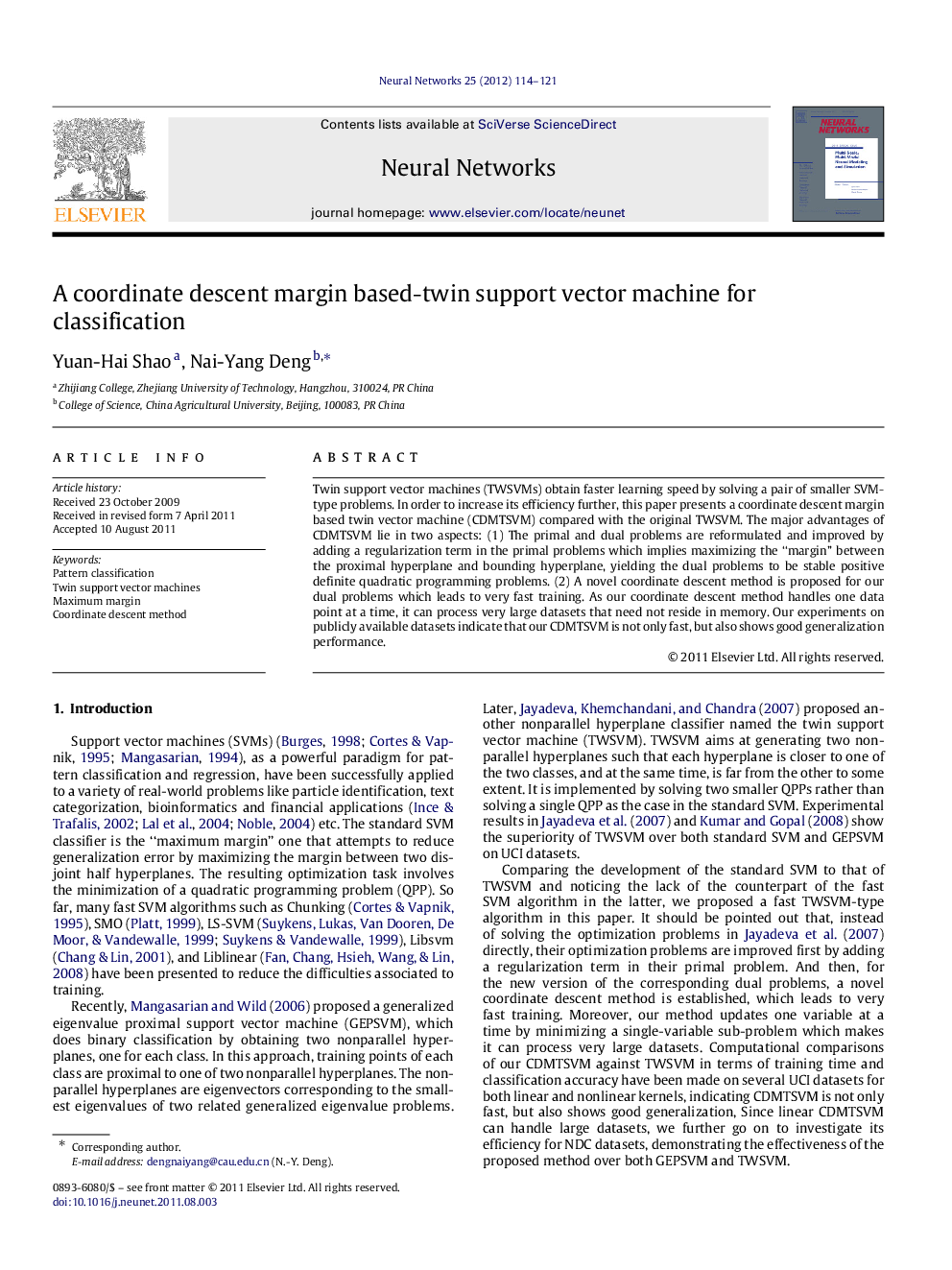 A coordinate descent margin based-twin support vector machine for classification