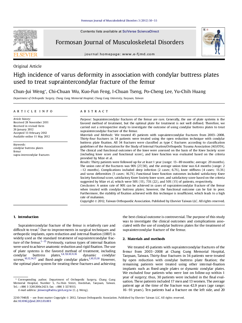 High incidence of varus deformity in association with condylar buttress plates used to treat supraintercondylar fracture of the femur