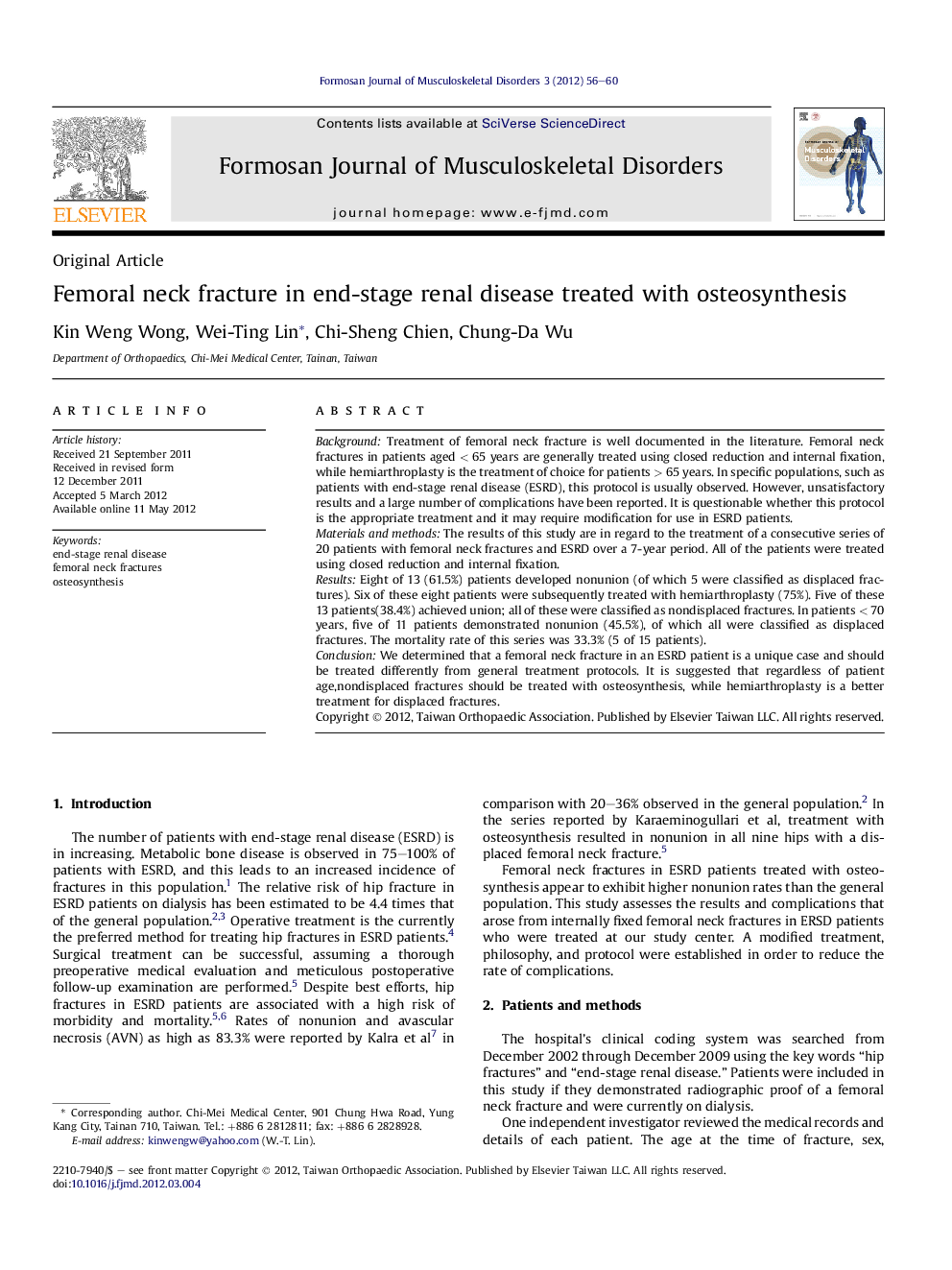 Femoral neck fracture in end-stage renal disease treated with osteosynthesis