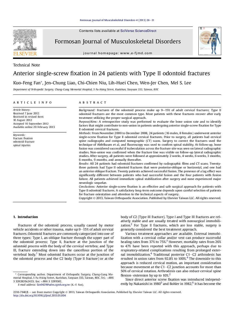 Anterior single-screw fixation in 24 patients with Type II odontoid fractures