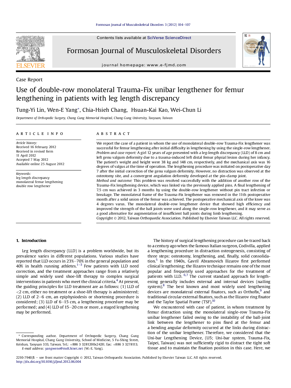 Use of double-row monolateral Trauma-Fix unibar lengthener for femur lengthening in patients with leg length discrepancy