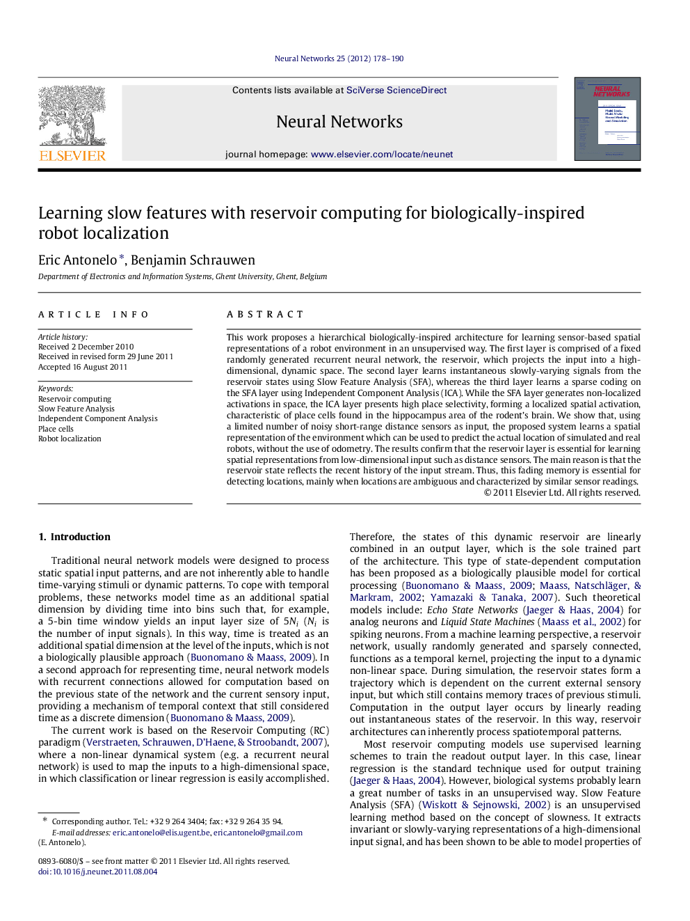 Learning slow features with reservoir computing for biologically-inspired robot localization