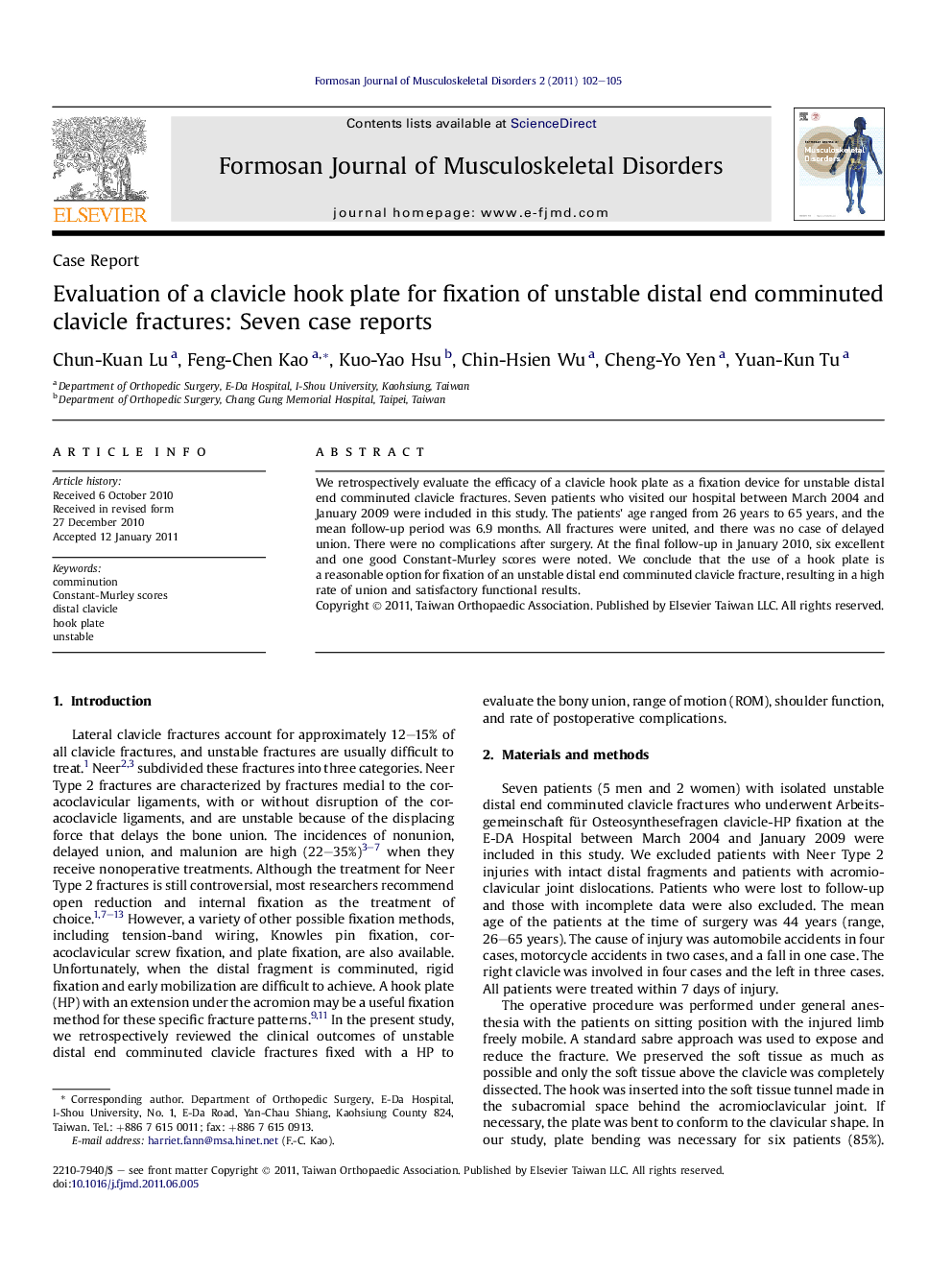 Evaluation of a clavicle hook plate for fixation of unstable distal end comminuted clavicle fractures: Seven case reports