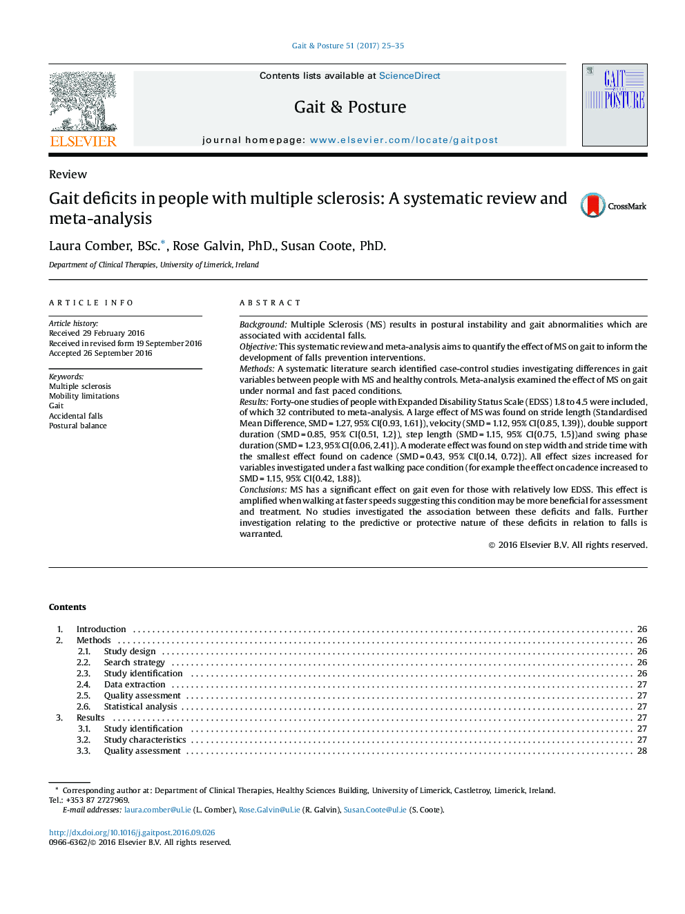 Gait deficits in people with multiple sclerosis: A systematic review and meta-analysis