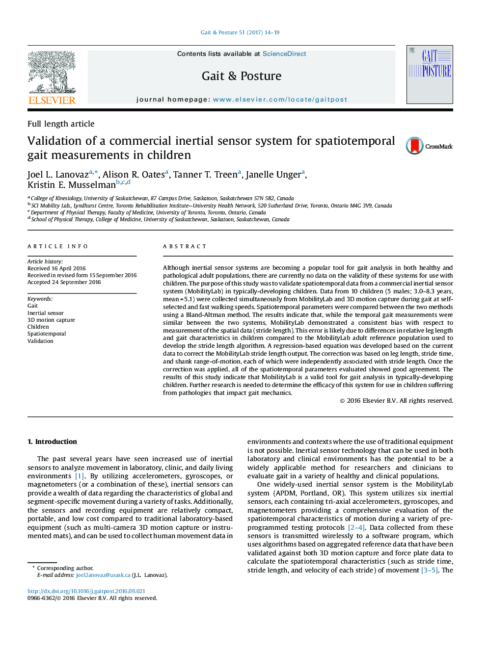 Validation of a commercial inertial sensor system for spatiotemporal gait measurements in children