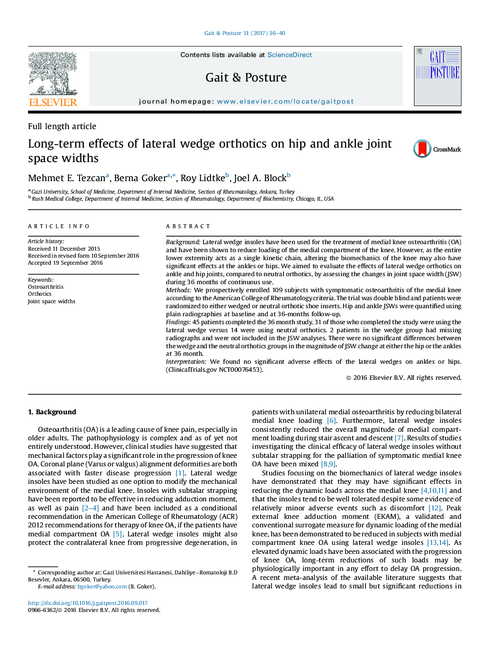 Long-term effects of lateral wedge orthotics on hip and ankle joint space widths