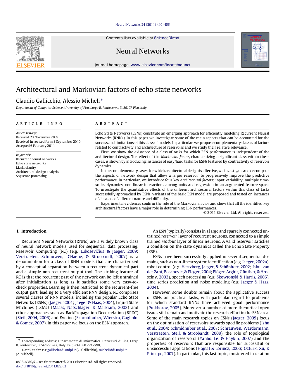 Architectural and Markovian factors of echo state networks