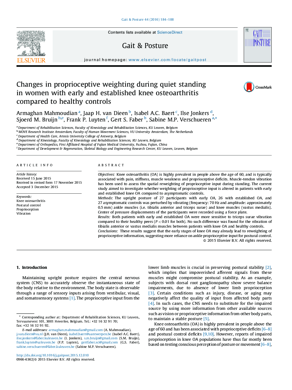 Changes in proprioceptive weighting during quiet standing in women with early and established knee osteoarthritis compared to healthy controls