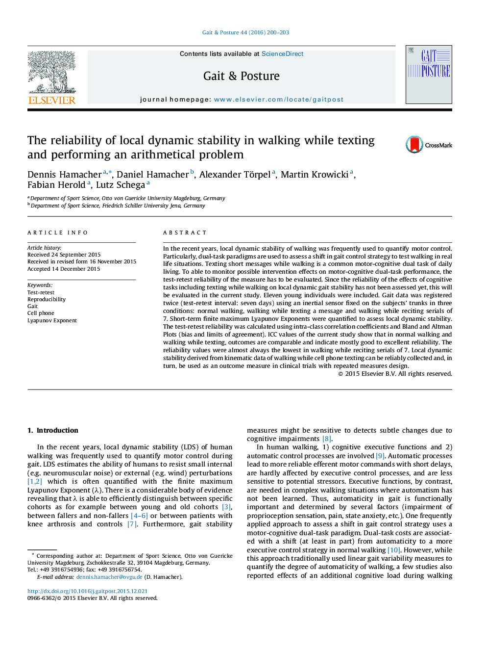 The reliability of local dynamic stability in walking while texting and performing an arithmetical problem
