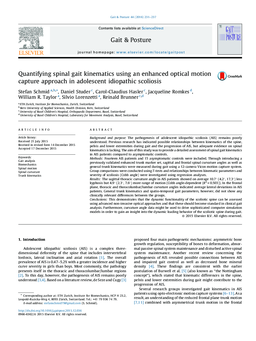 Quantifying spinal gait kinematics using an enhanced optical motion capture approach in adolescent idiopathic scoliosis