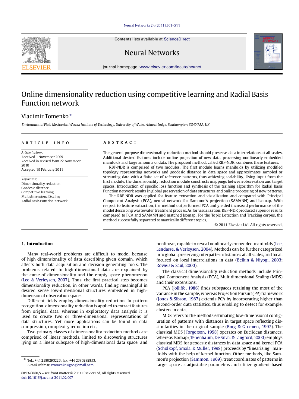 Online dimensionality reduction using competitive learning and Radial Basis Function network