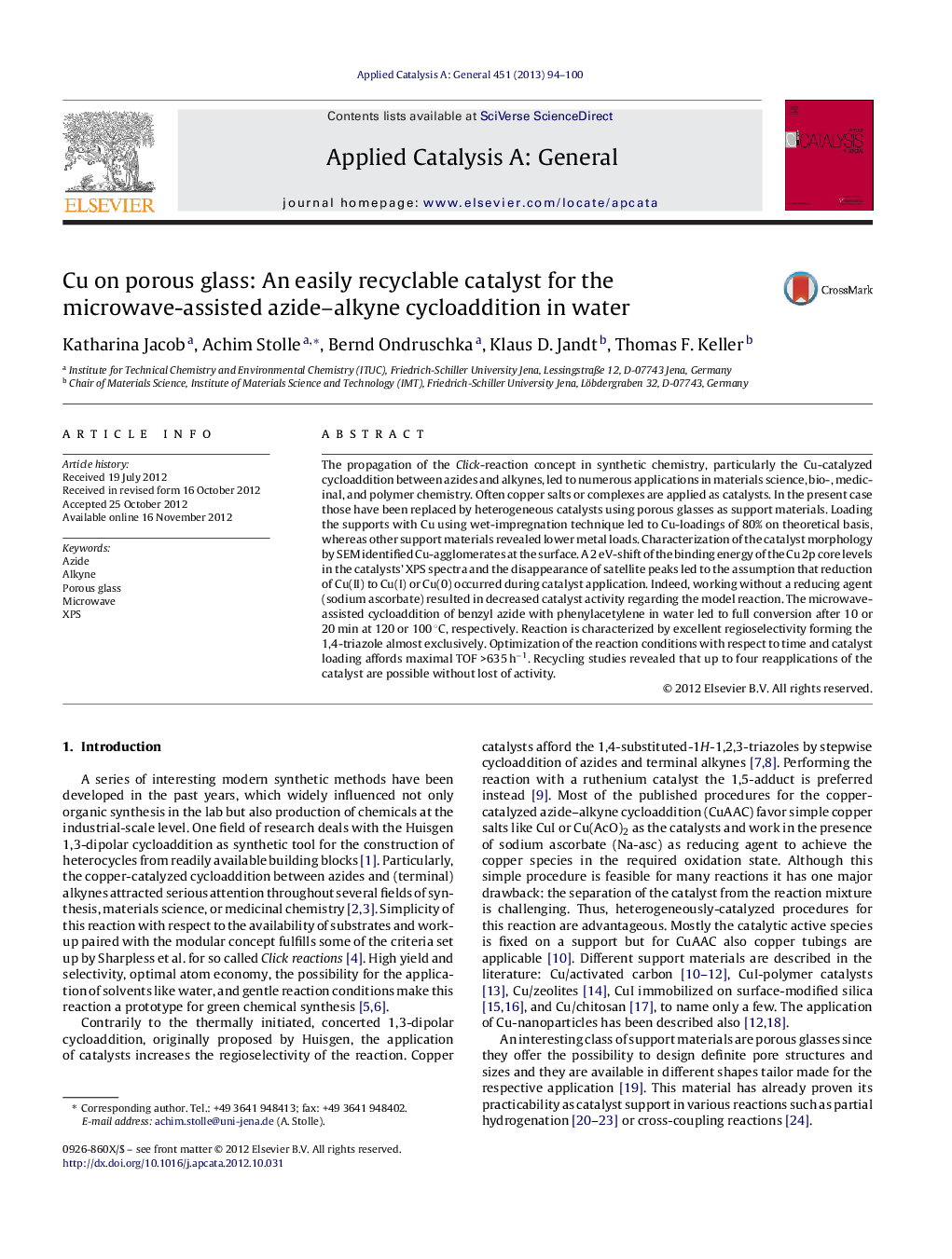 Cu on porous glass: An easily recyclable catalyst for the microwave-assisted azide–alkyne cycloaddition in water