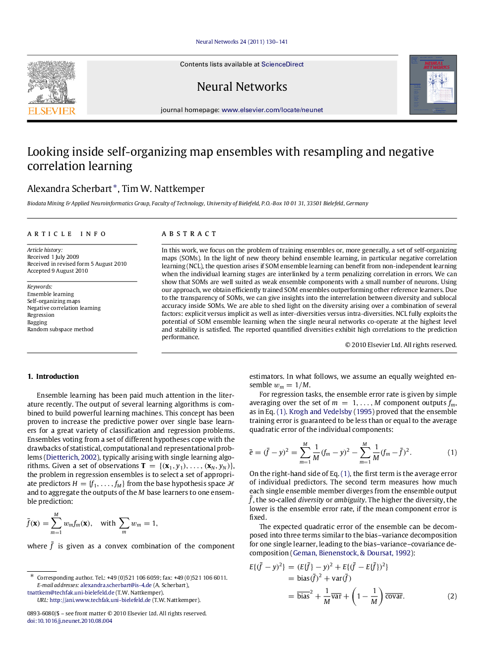 Looking inside self-organizing map ensembles with resampling and negative correlation learning