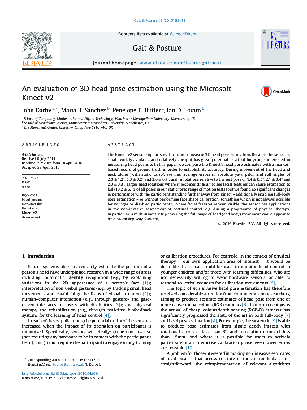 An evaluation of 3D head pose estimation using the Microsoft Kinect v2