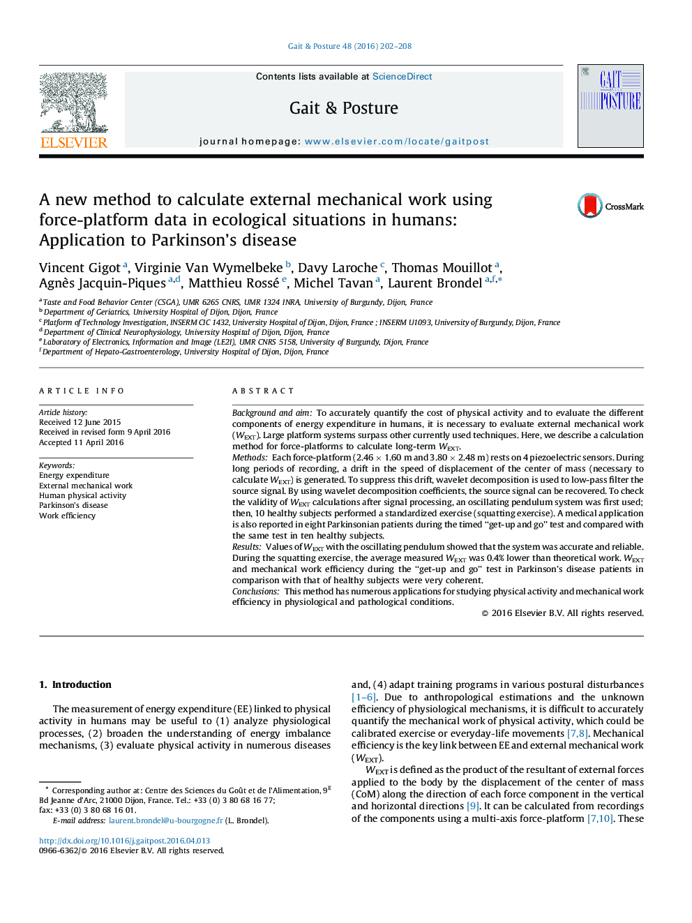 A new method to calculate external mechanical work using force-platform data in ecological situations in humans: Application to Parkinson's disease