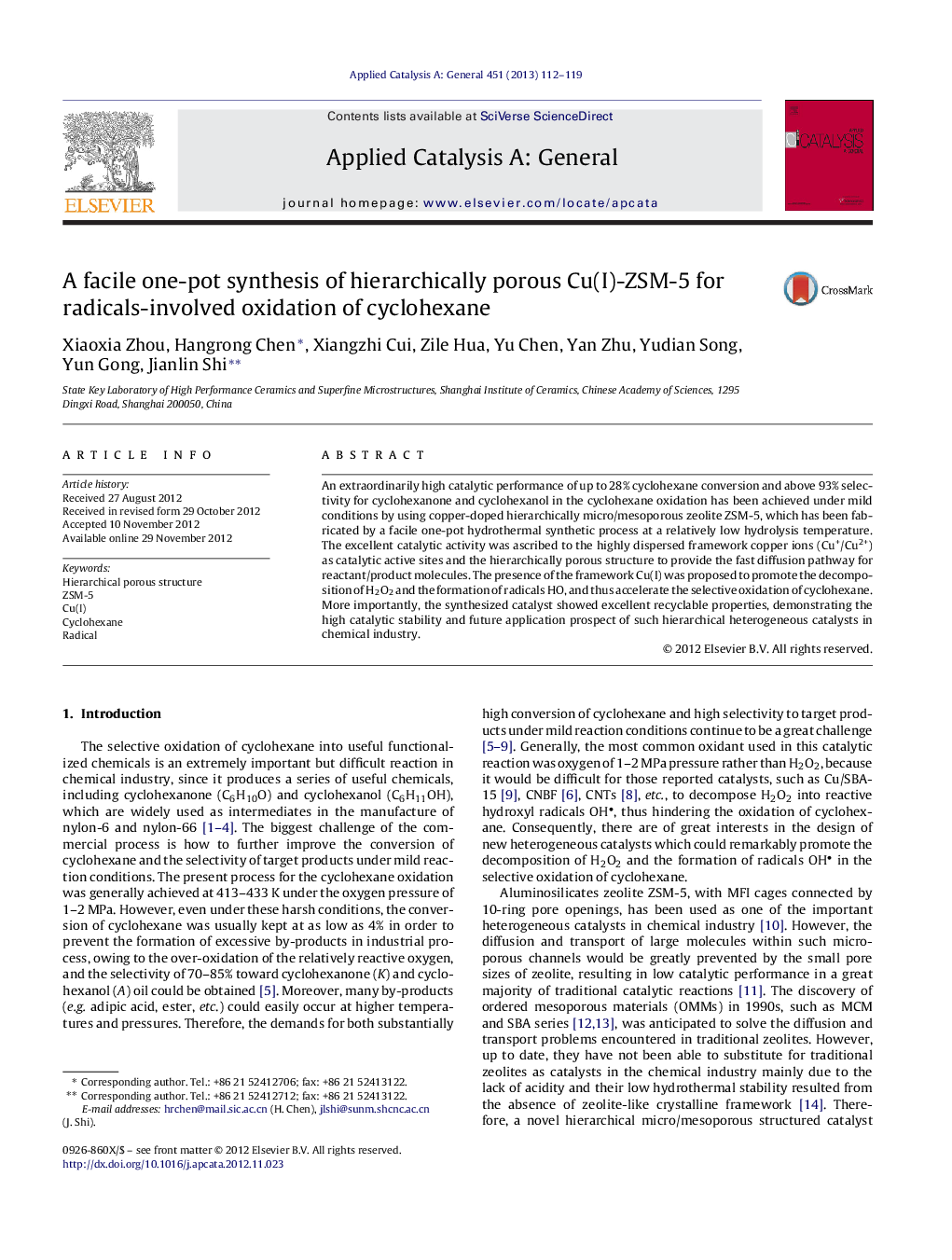 A facile one-pot synthesis of hierarchically porous Cu(I)-ZSM-5 for radicals-involved oxidation of cyclohexane