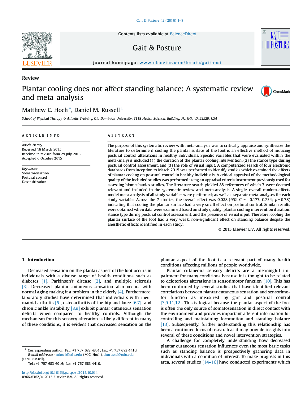 Plantar cooling does not affect standing balance: A systematic review and meta-analysis