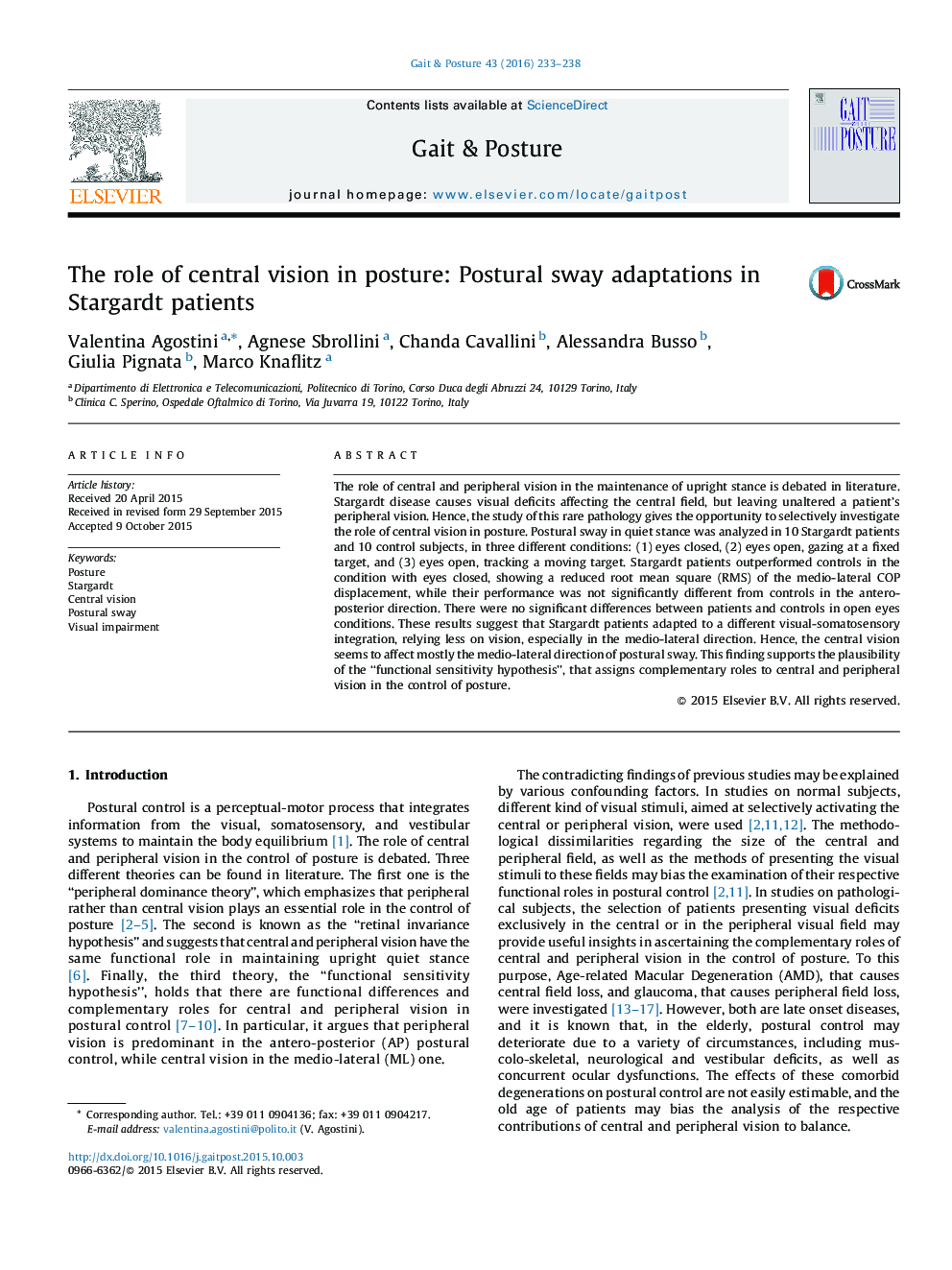 The role of central vision in posture: Postural sway adaptations in Stargardt patients