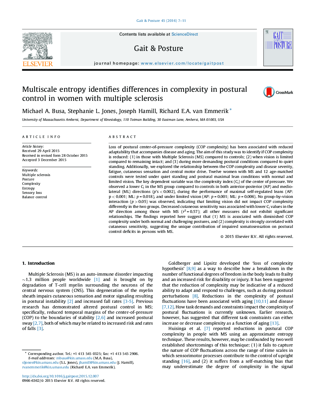 Multiscale entropy identifies differences in complexity in postural control in women with multiple sclerosis