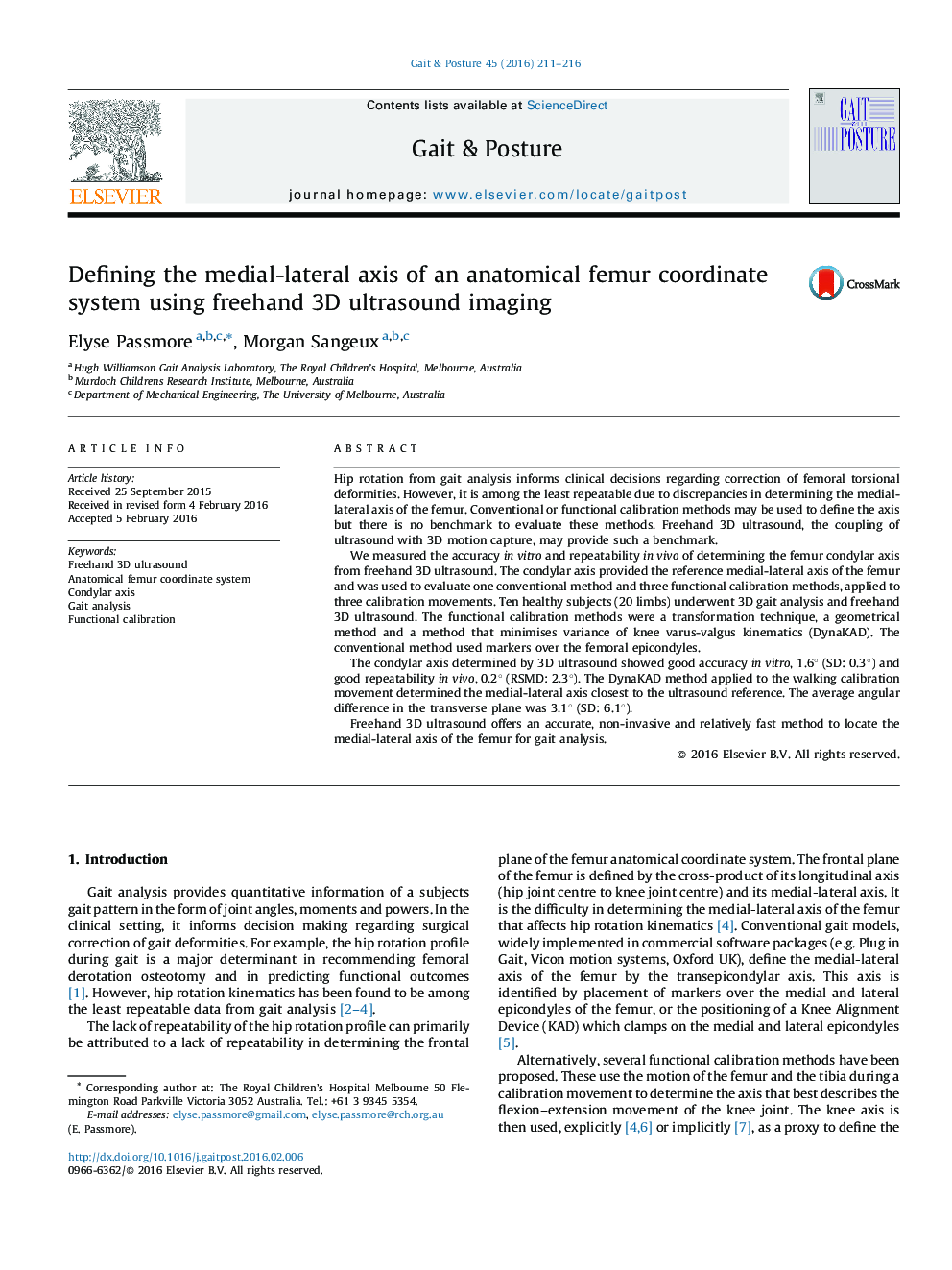 Defining the medial-lateral axis of an anatomical femur coordinate system using freehand 3D ultrasound imaging