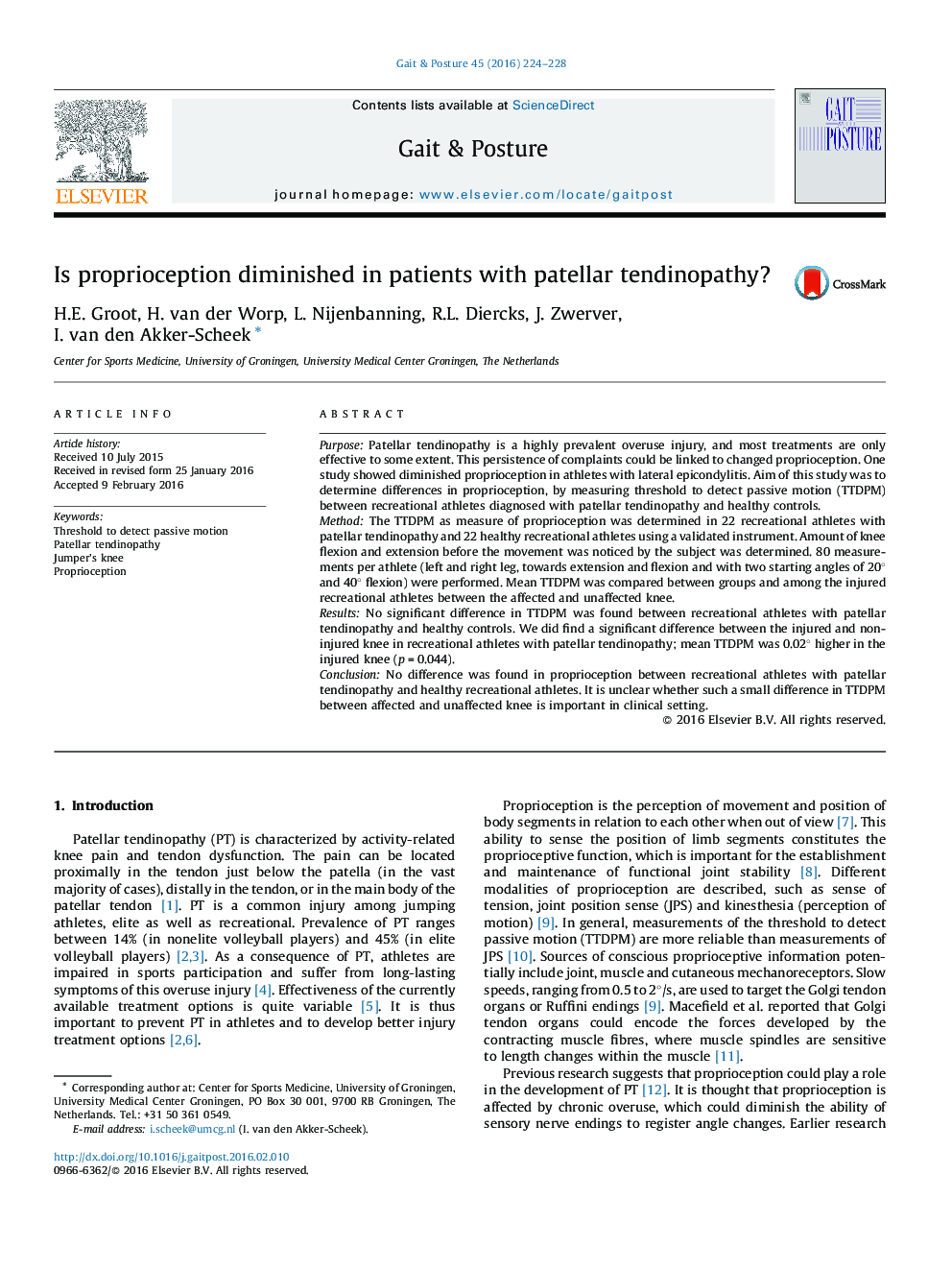 Is proprioception diminished in patients with patellar tendinopathy?