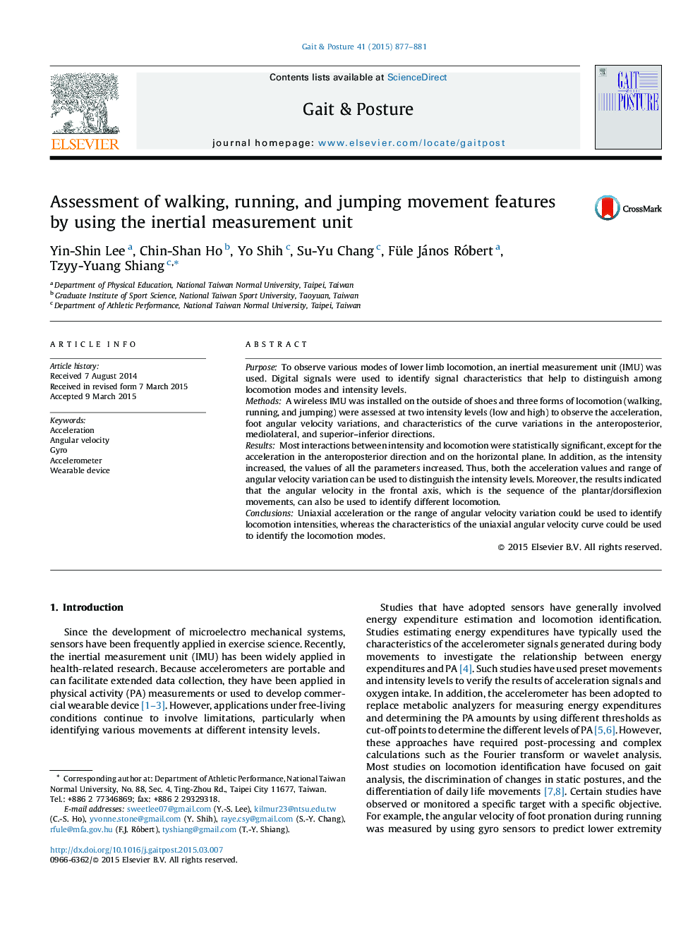 Assessment of walking, running, and jumping movement features by using the inertial measurement unit