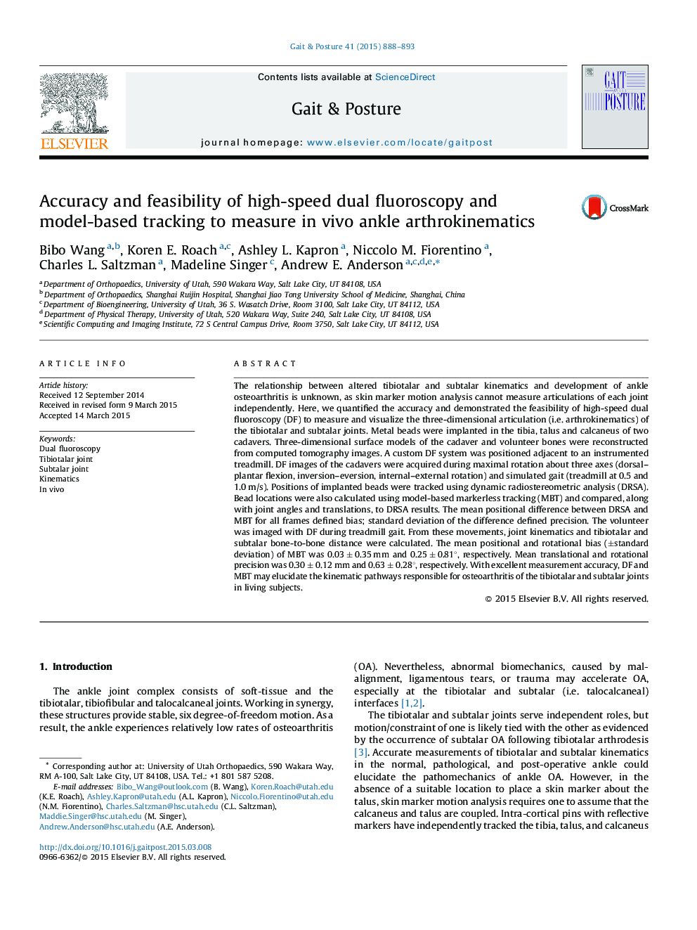 Accuracy and feasibility of high-speed dual fluoroscopy and model-based tracking to measure in vivo ankle arthrokinematics