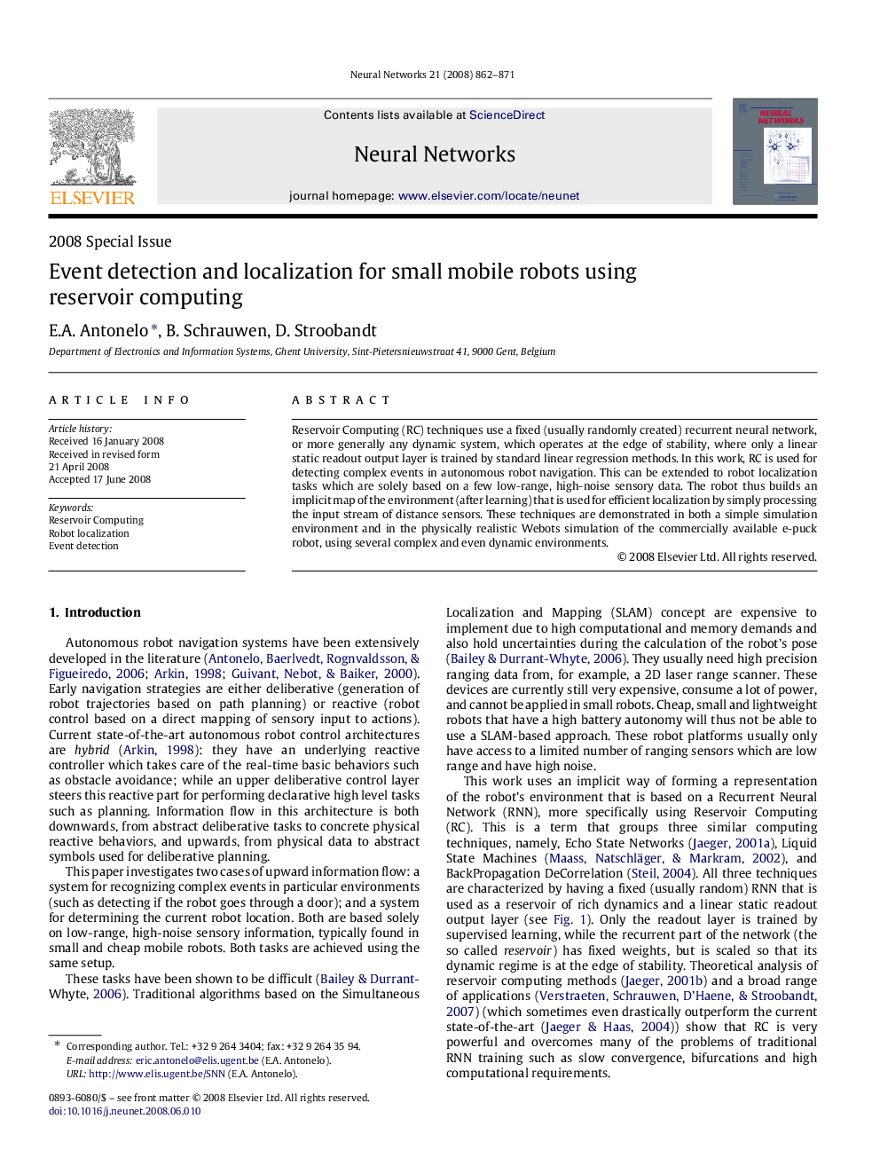 Event detection and localization for small mobile robots using reservoir computing